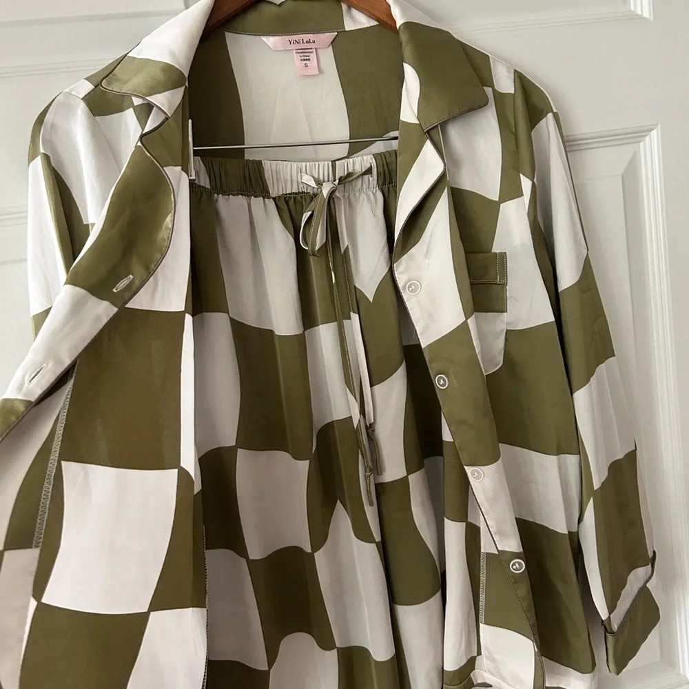 Yini Lulu Green and White Checkerboard Pajama Set Sz S - Picture 8 of 8